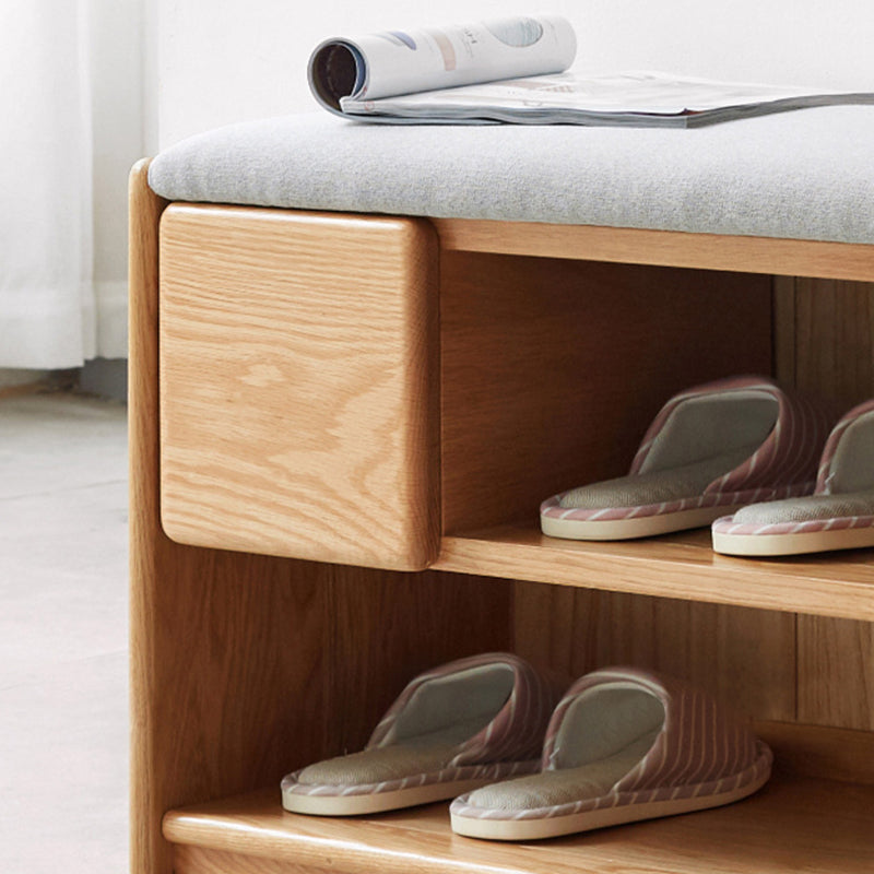 Modern Minimalist Solid Wood &amp; Linen Rectangular Shoe Bench With Drawer And Dual Storage Spaces For Entryway