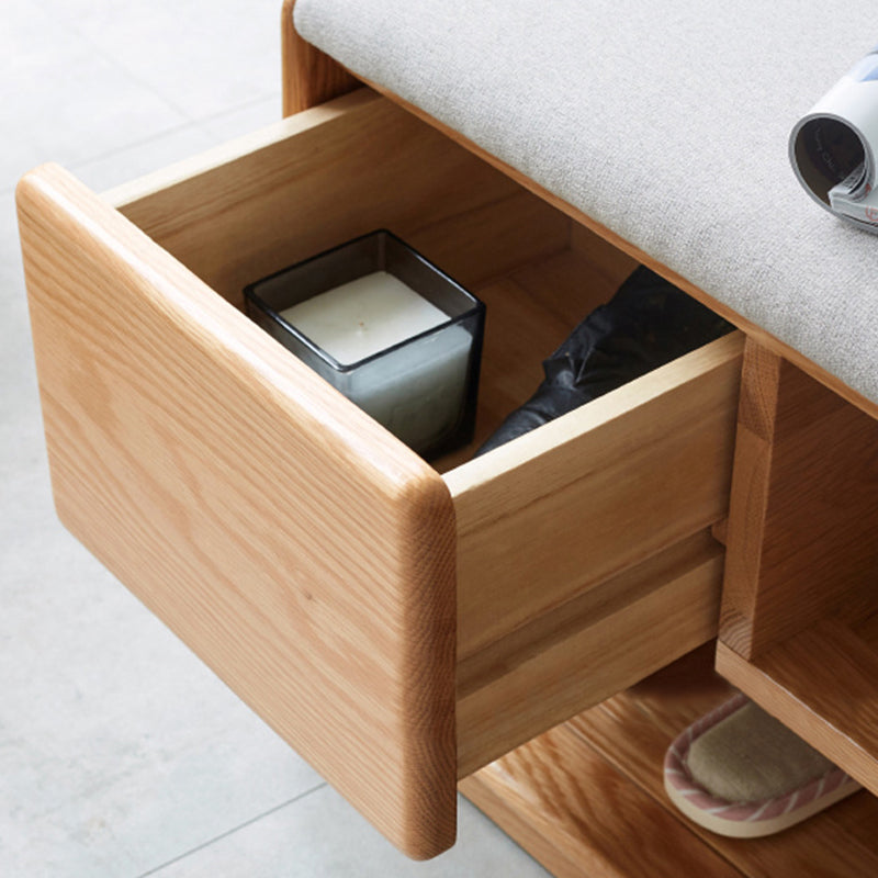 Modern Minimalist Solid Wood &amp; Linen Rectangular Shoe Bench With Drawer And Dual Storage Spaces For Entryway