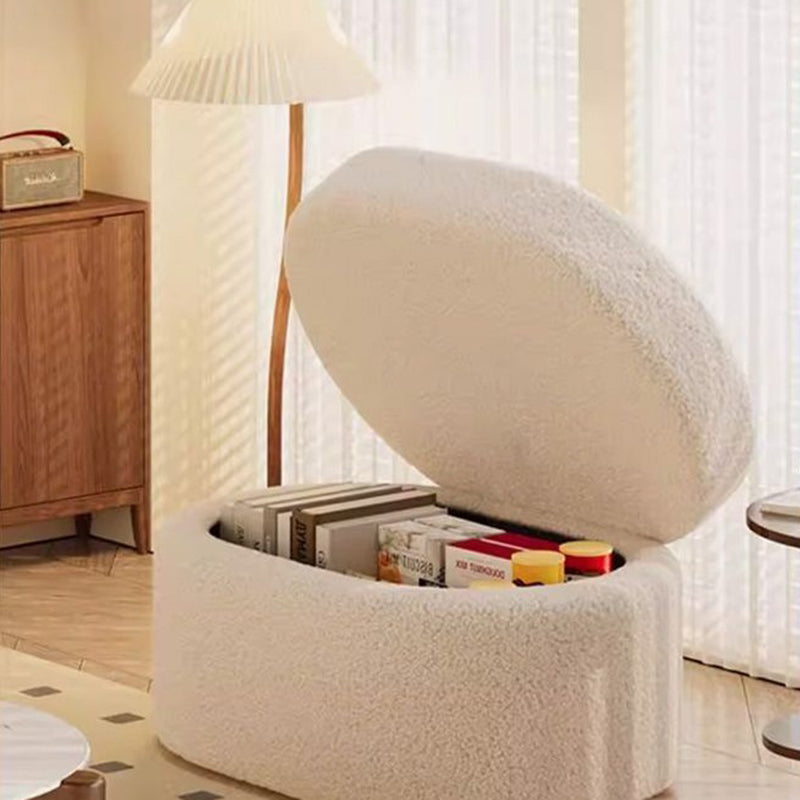Modern Minimalist Sherpa Fabric Solid Wood Frame MDF Oval Low Stool With Hidden Storage For Entryway