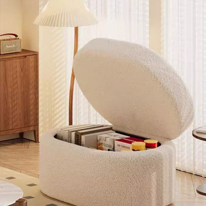 Modern Minimalist Sherpa Fabric Solid Wood Frame MDF Oval Low Stool With Hidden Storage For Entryway