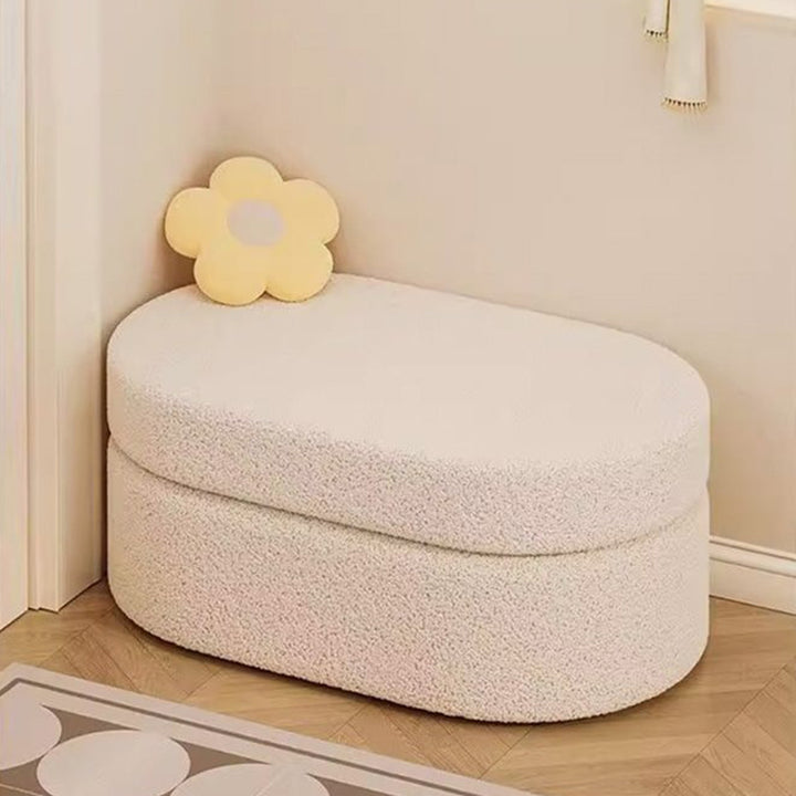 Modern Minimalist Sherpa Fabric Solid Wood Frame MDF Oval Low Stool With Hidden Storage For Entryway