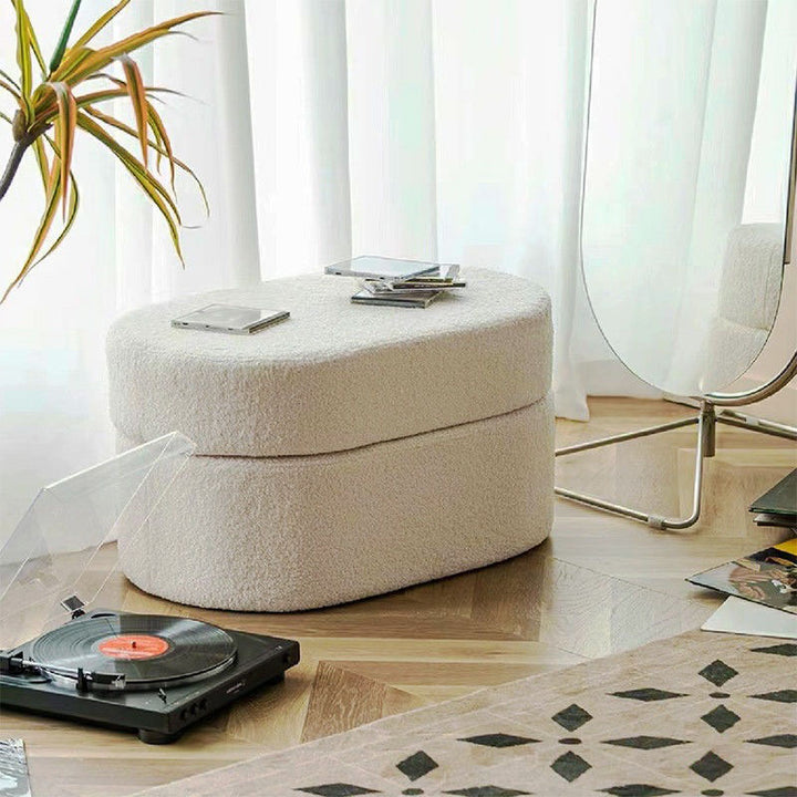 Modern Minimalist Sherpa Fabric Solid Wood Frame MDF Oval Low Stool With Hidden Storage For Entryway