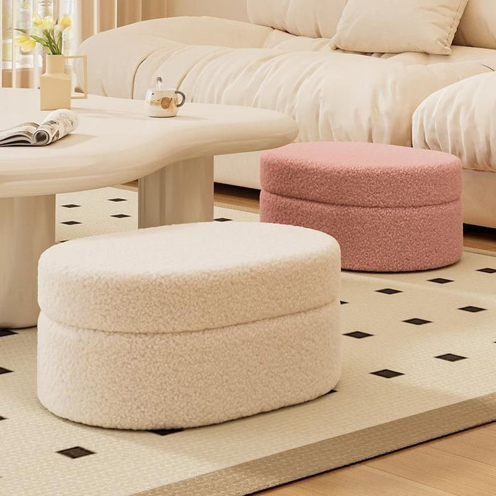 Modern Minimalist Sherpa Fabric Solid Wood Frame MDF Oval Low Stool With Hidden Storage For Entryway