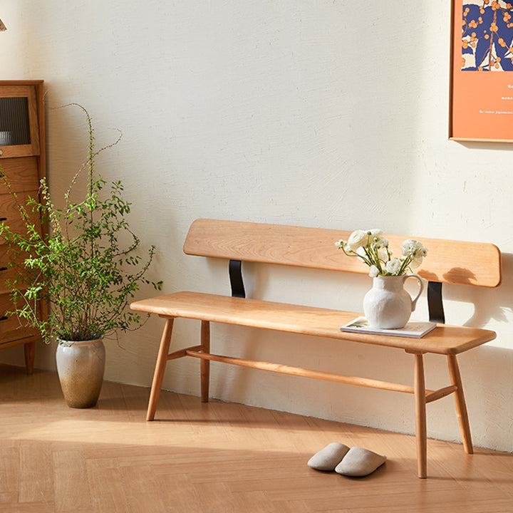 Banc rectangulaire en bois massif au design minimaliste moderne avec dossier pour salle à manger, chambre et salon 