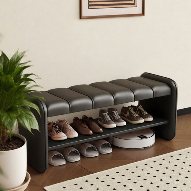 Banc à chaussures rectangulaire en faux cuir de luxe moderne avec structure en bois massif et contreplaqué, avec rangement à 2 niveaux pour l’entrée 