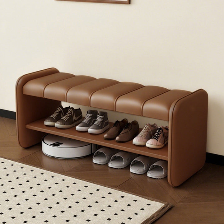 Banc à chaussures rectangulaire en faux cuir de luxe moderne avec structure en bois massif et contreplaqué, avec rangement à 2 niveaux pour l’entrée 