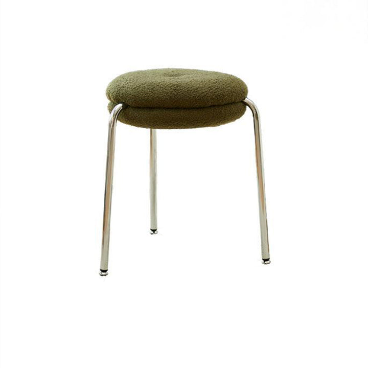 Taburete de tocador moderno minimalista de metal con tela sherpa, bordes redondeados y cojín de doble capa para dormitorio 