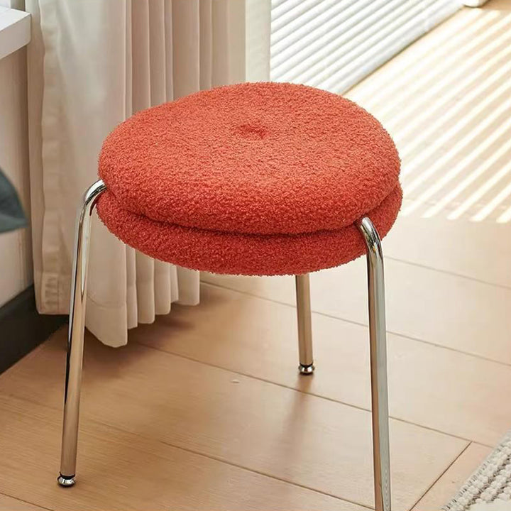 Taburete de tocador moderno minimalista de metal con tela sherpa, bordes redondeados y cojín de doble capa para dormitorio 
