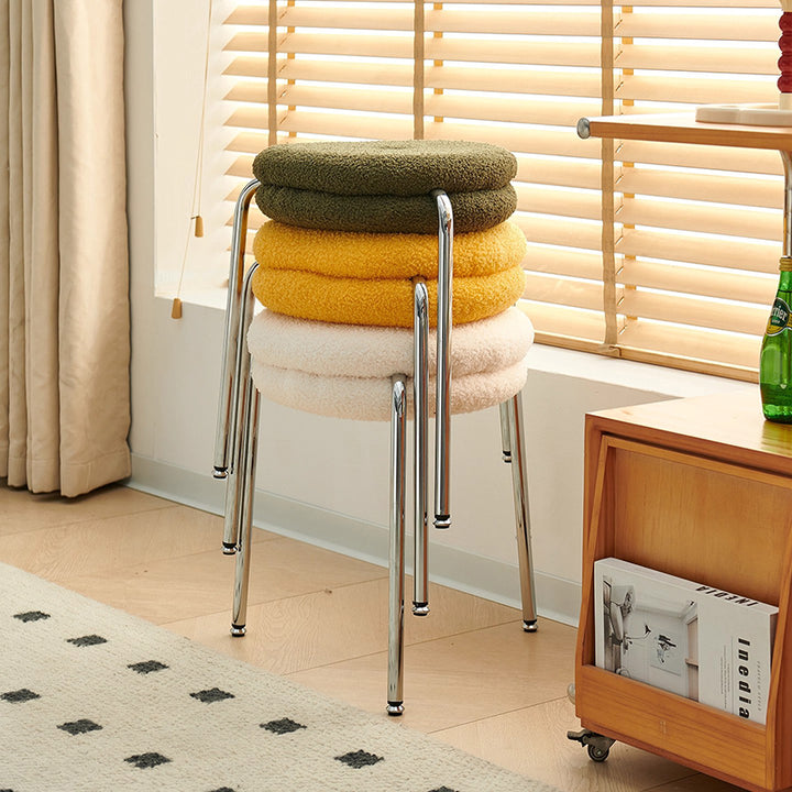 Taburete de tocador moderno minimalista de metal con tela sherpa, bordes redondeados y cojín de doble capa para dormitorio 