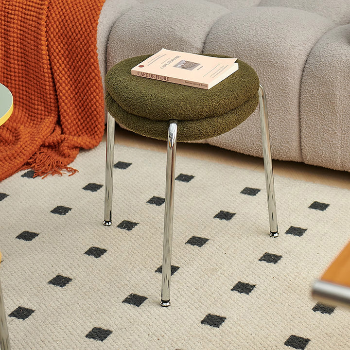 Taburete de tocador moderno minimalista de metal con tela sherpa, bordes redondeados y cojín de doble capa para dormitorio 