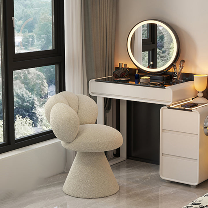 Tabouret de coiffeuse contemporain créatif en métal et laine d’agneau, avec dossier et pivotant, pour chambre à coucher 