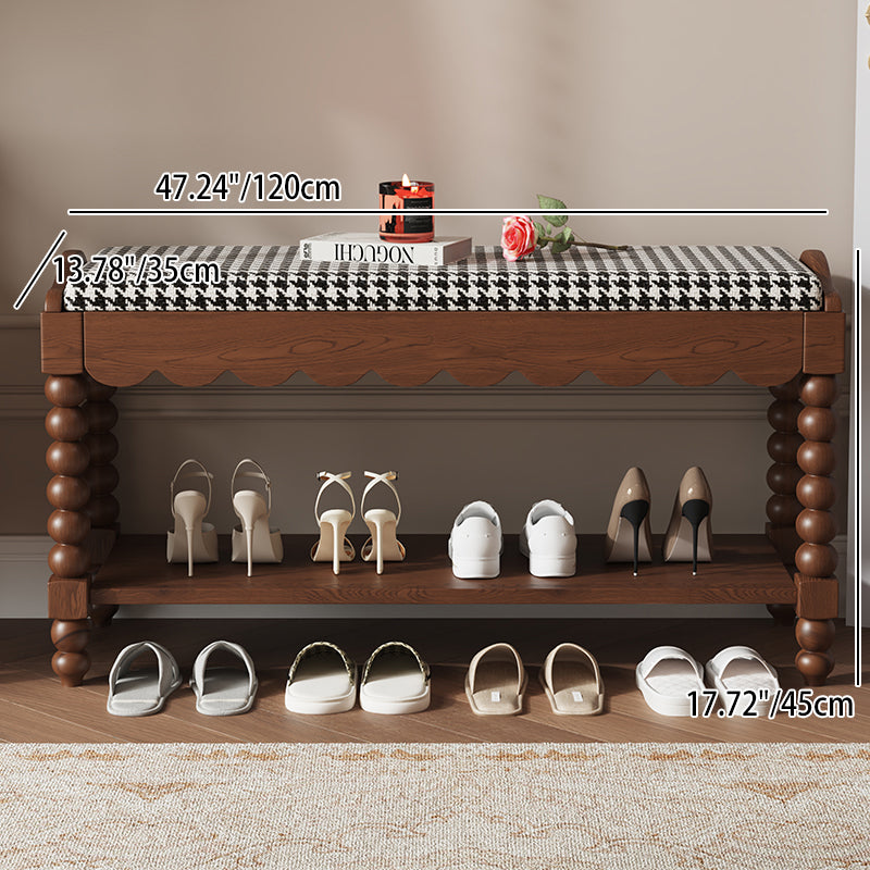 Banc à chaussures rectangulaire en bois massif traditionnel français avec tissu, pieds tournés et rangement à 2 niveaux pour entrée 