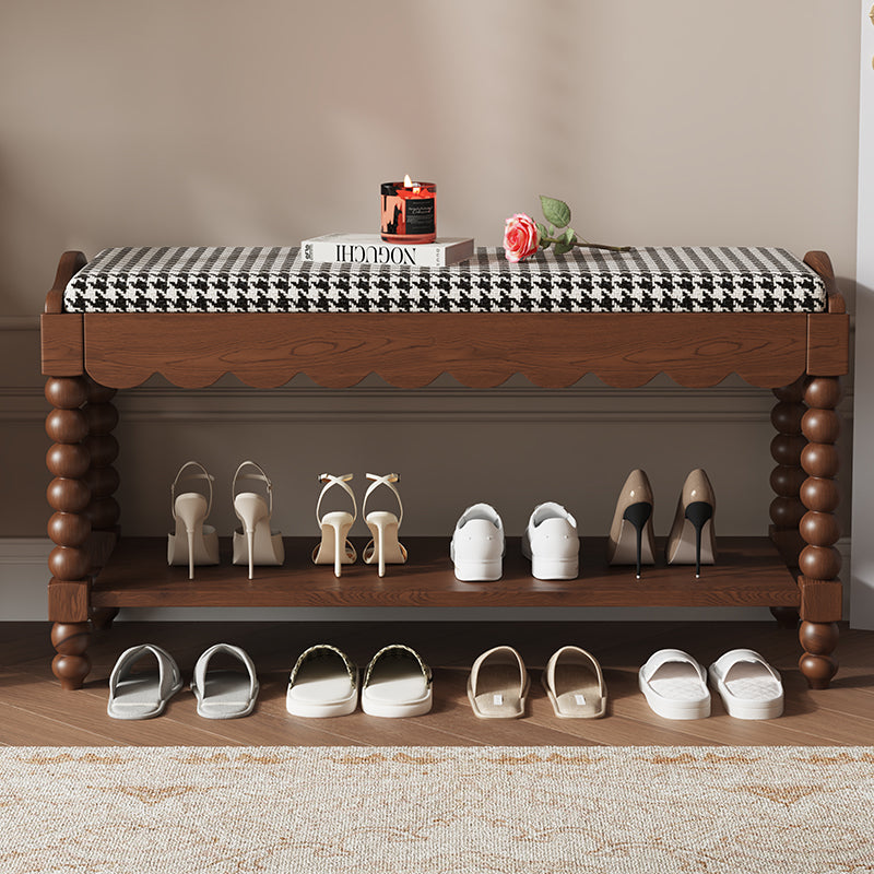 Banc à chaussures rectangulaire en bois massif traditionnel français avec tissu, pieds tournés et rangement à 2 niveaux pour entrée 