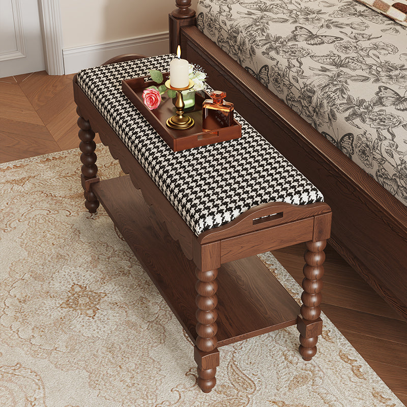 Banc à chaussures rectangulaire en bois massif traditionnel français avec tissu, pieds tournés et rangement à 2 niveaux pour entrée 
