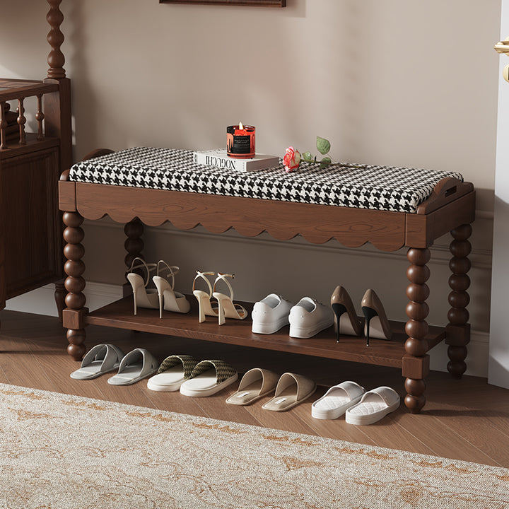 Banc à chaussures rectangulaire en bois massif traditionnel français avec tissu, pieds tournés et rangement à 2 niveaux pour entrée 
