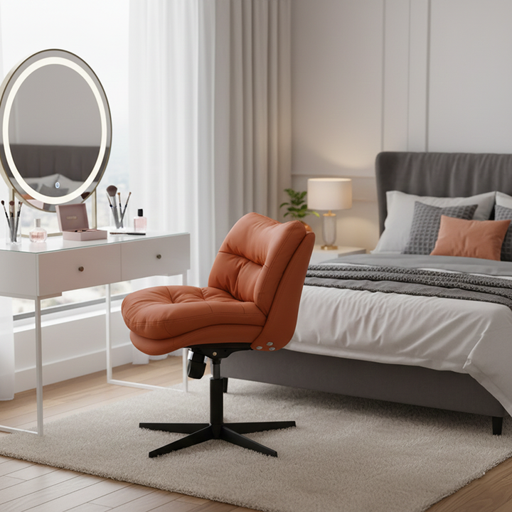 Modern Minimalist Ergonomics Solid Wood &amp; Plywood Steel Faux Leather Vanity Stool With Dual Cushions, Backrest, Adjustable Height &amp; Swivel For Bedroom