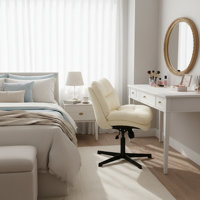 Modern Minimalist Ergonomics Solid Wood &amp; Plywood Steel Faux Leather Vanity Stool With Dual Cushions, Backrest, Adjustable Height &amp; Swivel For Bedroom