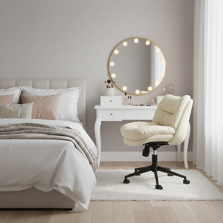 Modern Minimalist Ergonomics Solid Wood &amp; Plywood Steel Faux Leather Vanity Stool With Dual Cushions, Backrest, Adjustable Height &amp; Swivel For Bedroom