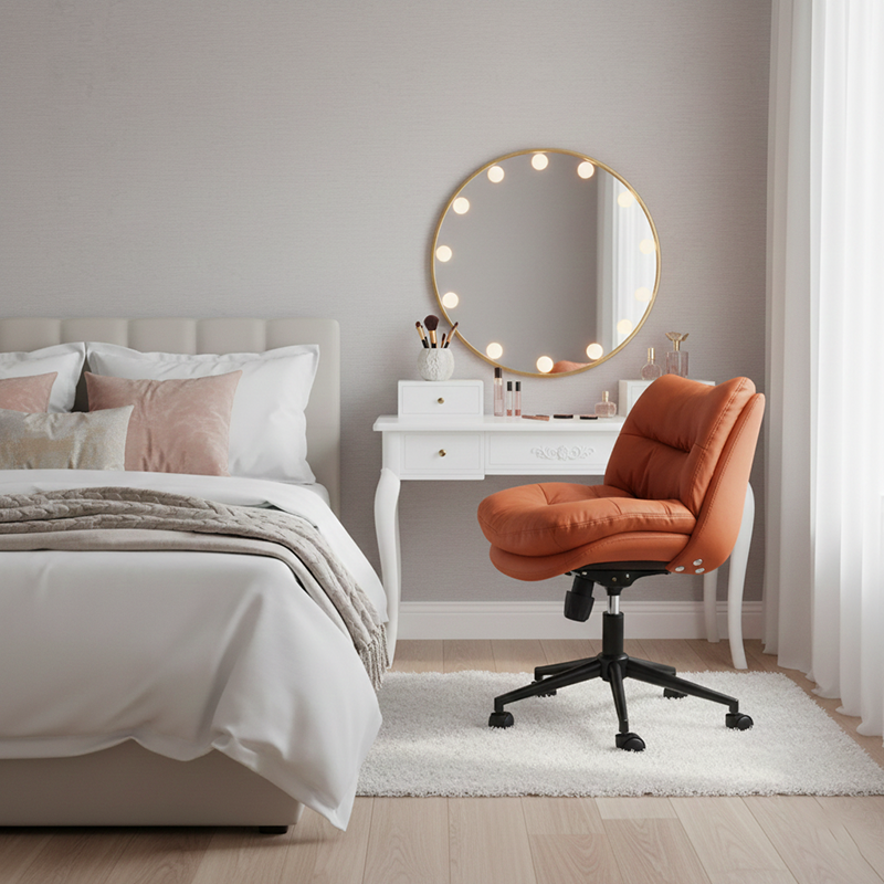 Modern Minimalist Ergonomics Solid Wood &amp; Plywood Steel Faux Leather Vanity Stool With Dual Cushions, Backrest, Adjustable Height &amp; Swivel For Bedroom