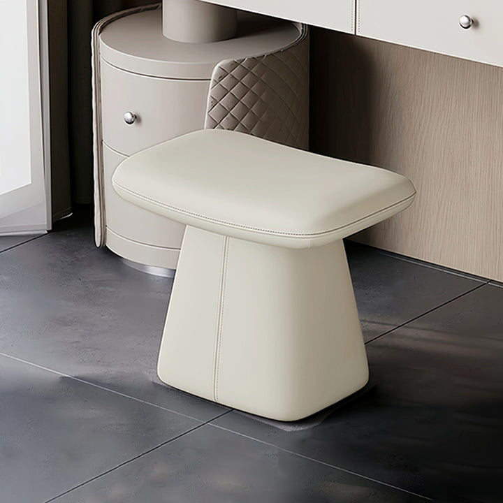 Taburete giratorio de tocador moderno de lujo de madera maciza, contrachapado y cuero, con forma rectangular redondeada, para dormitorio 