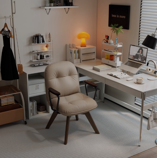 Chaise de bureau pivotante moderne minimaliste en cuir résistant aux rayures et contreplaqué en bois massif à quatre pieds - chaise de bureau avec accoudoirs et dossier pour bureau à domicile 