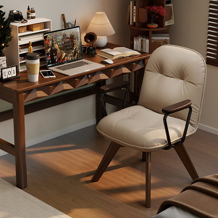 Chaise de bureau pivotante moderne minimaliste en cuir résistant aux rayures et contreplaqué en bois massif à quatre pieds - chaise de bureau avec accoudoirs et dossier pour bureau à domicile 