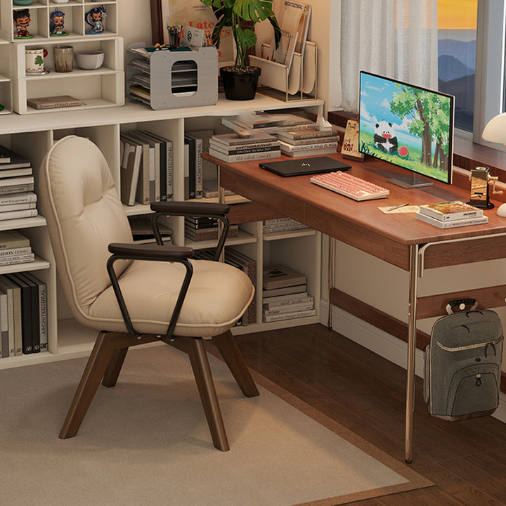 Chaise de bureau pivotante moderne minimaliste en cuir résistant aux rayures et contreplaqué en bois massif à quatre pieds - chaise de bureau avec accoudoirs et dossier pour bureau à domicile 