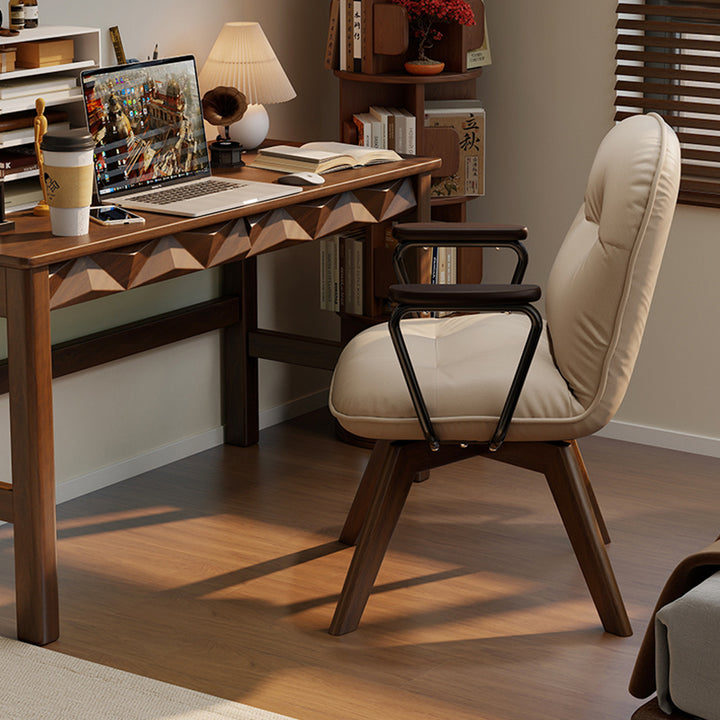 Chaise de bureau pivotante moderne minimaliste en cuir résistant aux rayures et contreplaqué en bois massif à quatre pieds - chaise de bureau avec accoudoirs et dossier pour bureau à domicile 
