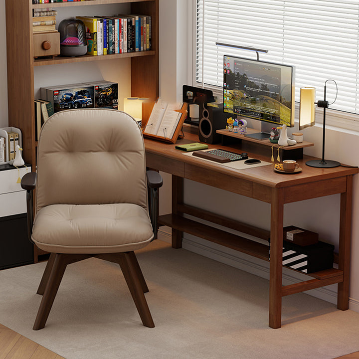 Chaise de bureau pivotante moderne minimaliste en cuir résistant aux rayures et contreplaqué en bois massif à quatre pieds - chaise de bureau avec accoudoirs et dossier pour bureau à domicile 