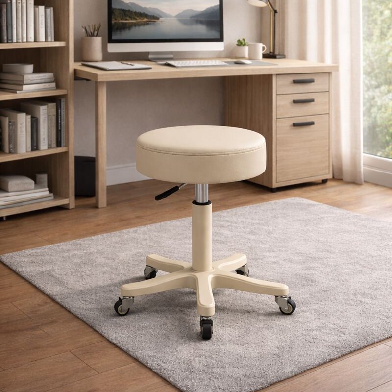Modern Minimalist PU Leather PP Nylon Round Stool With Adjustable Height, Swivel &amp; Wheels For Living Room &amp; Bedroom