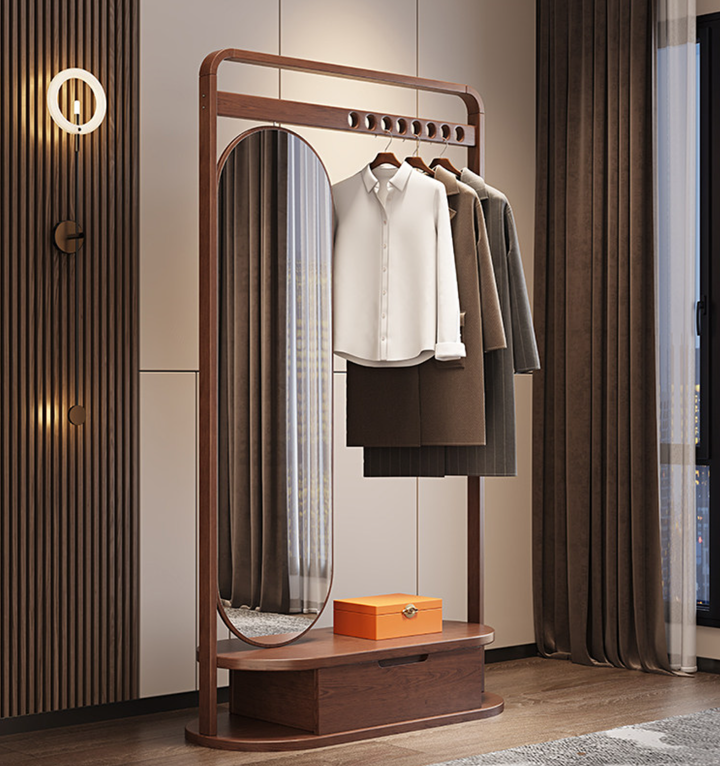Modern Minimalist Ash Wood &amp; Plywood Glass Rounded Edge Coat Rack Hall Tree With Swivel Full Length Mirror And Storage Drawer For Bedroom