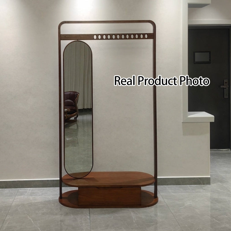 Modern Minimalist Ash Wood &amp; Plywood Glass Rounded Edge Coat Rack Hall Tree With Swivel Full Length Mirror And Storage Drawer For Bedroom