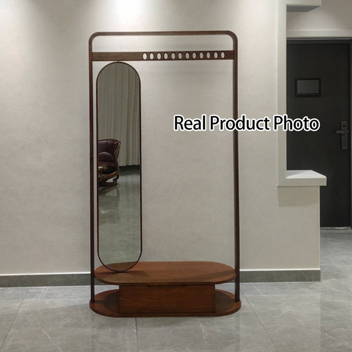 Modern Minimalist Ash Wood &amp; Plywood Glass Rounded Edge Coat Rack Hall Tree With Swivel Full Length Mirror And Storage Drawer For Bedroom