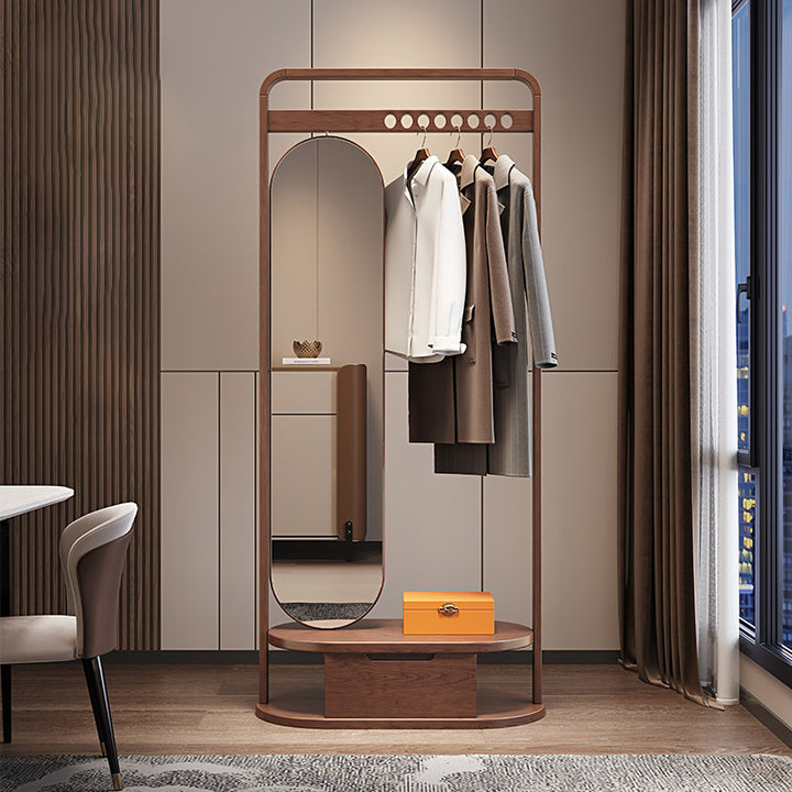 Modern Minimalist Ash Wood &amp; Plywood Glass Rounded Edge Coat Rack Hall Tree With Swivel Full Length Mirror And Storage Drawer For Bedroom
