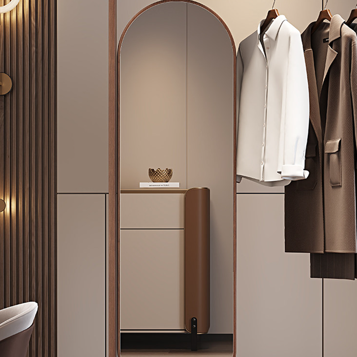 Modern Minimalist Ash Wood &amp; Plywood Glass Rounded Edge Coat Rack Hall Tree With Swivel Full Length Mirror And Storage Drawer For Bedroom