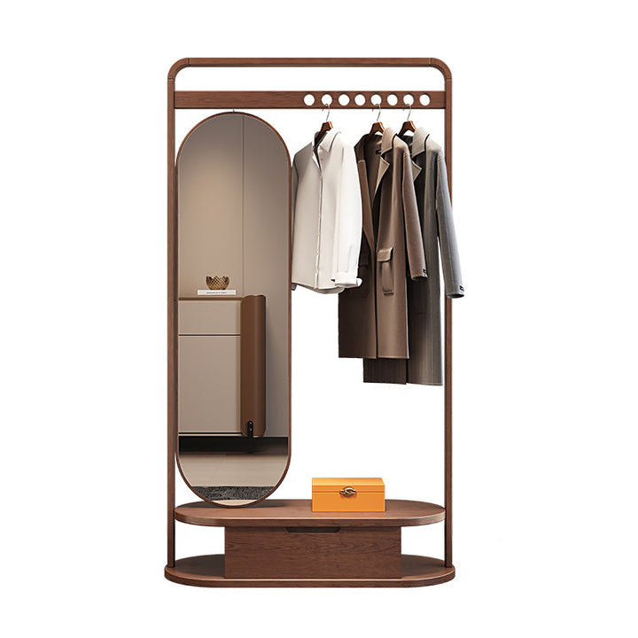 Modern Minimalist Ash Wood &amp; Plywood Glass Rounded Edge Coat Rack Hall Tree With Swivel Full Length Mirror And Storage Drawer For Bedroom