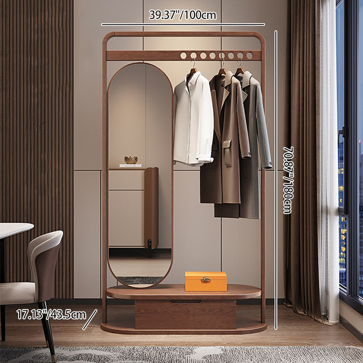 Modern Minimalist Ash Wood &amp; Plywood Glass Rounded Edge Coat Rack Hall Tree With Swivel Full Length Mirror And Storage Drawer For Bedroom