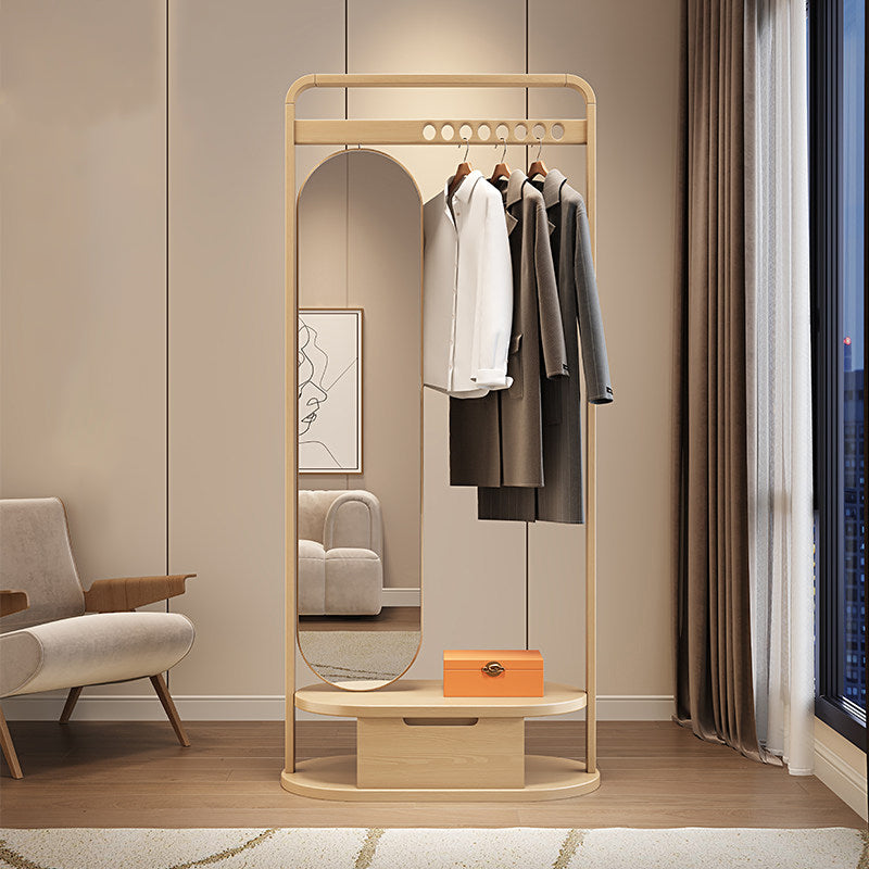 Modern Minimalist Ash Wood &amp; Plywood Glass Rounded Edge Coat Rack Hall Tree With Swivel Full Length Mirror And Storage Drawer For Bedroom