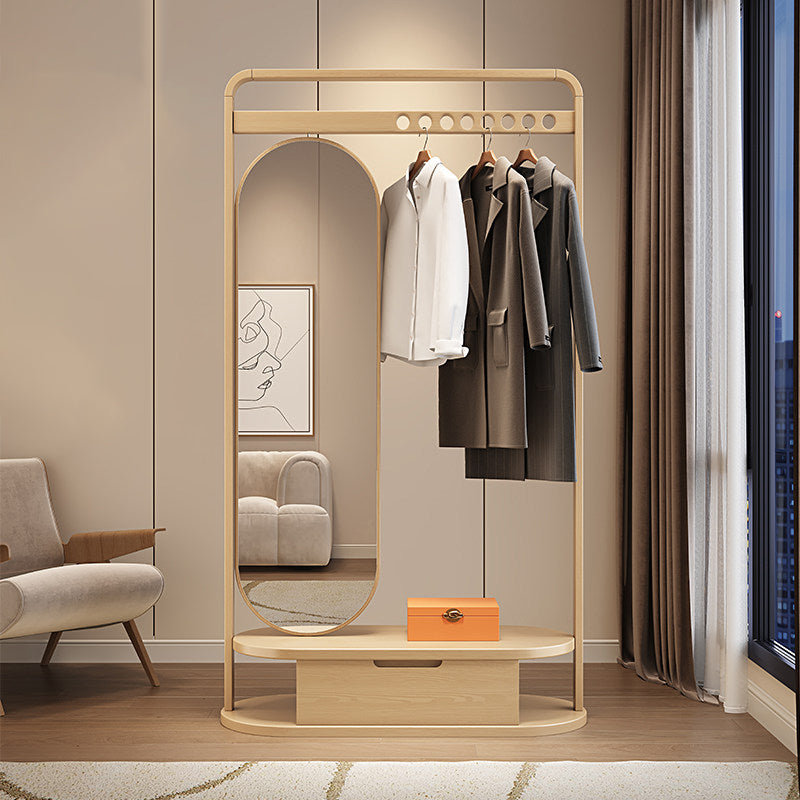 Modern Minimalist Ash Wood &amp; Plywood Glass Rounded Edge Coat Rack Hall Tree With Swivel Full Length Mirror And Storage Drawer For Bedroom