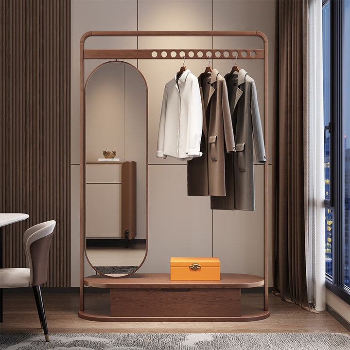 Modern Minimalist Ash Wood &amp; Plywood Glass Rounded Edge Coat Rack Hall Tree With Swivel Full Length Mirror And Storage Drawer For Bedroom