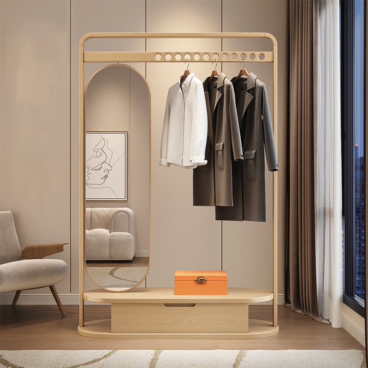 Modern Minimalist Ash Wood &amp; Plywood Glass Rounded Edge Coat Rack Hall Tree With Swivel Full Length Mirror And Storage Drawer For Bedroom