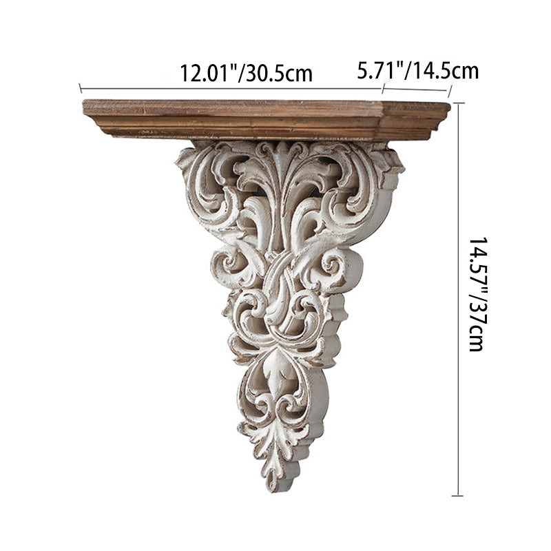 Estanterías murales de madera beige y marrón con tallado hueco y acabado envejecido, estilo francés tradicional, para almacenamiento en la sala de estar 
