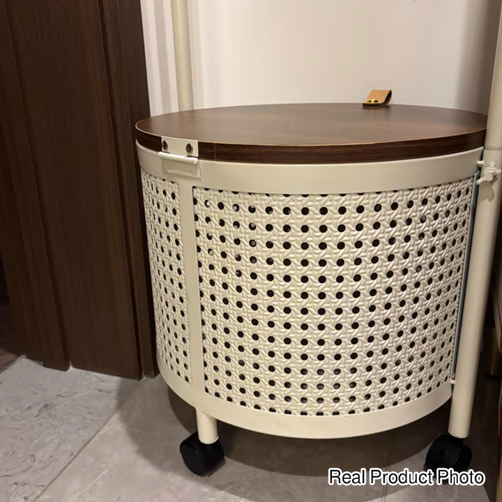شجرة قاعة دائرية عصرية على الطراز الشمالي من خشب الكونتر والصلب الكربوني مع سلة لتنظيم الملابس المتحركة لغرفة النوم 