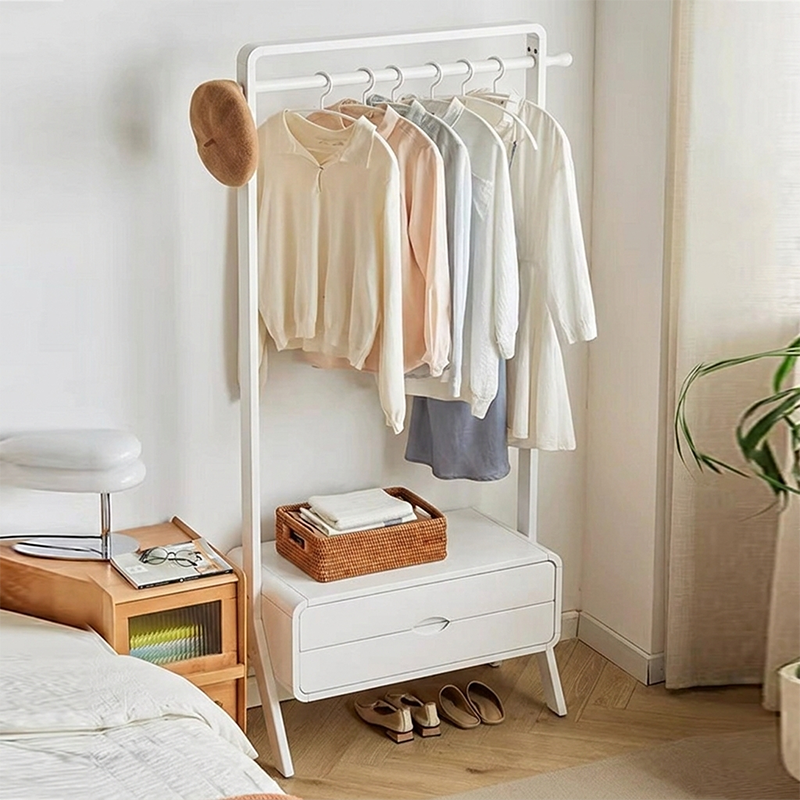Perchero rectangular contemporáneo nórdico de madera maciza y contrachapado con 2 cajones, perchero independiente que ahorra espacio para dormitorio 