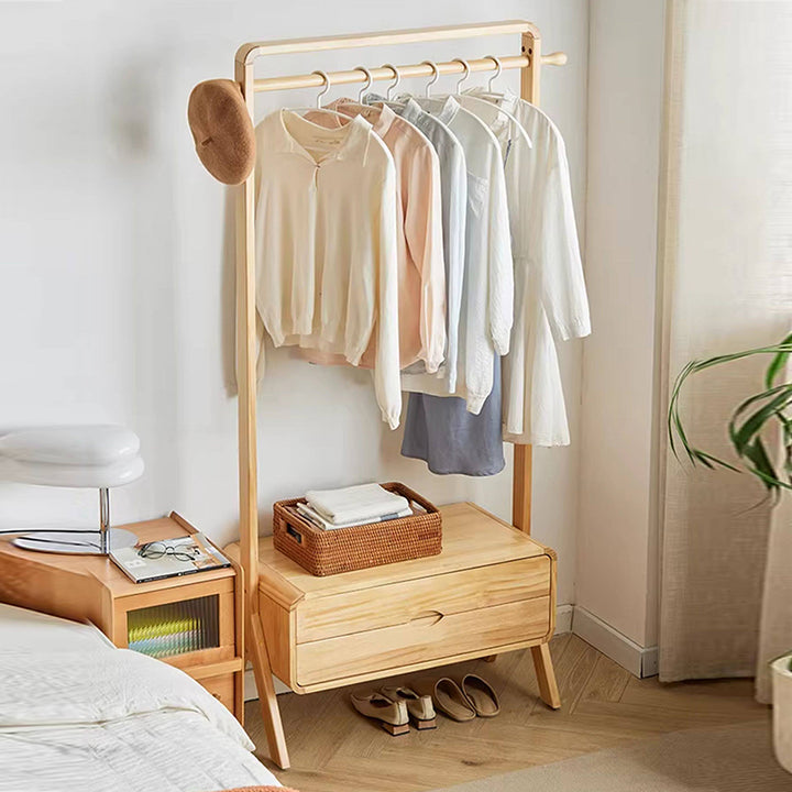 Perchero rectangular contemporáneo nórdico de madera maciza y contrachapado con 2 cajones, perchero independiente que ahorra espacio para dormitorio 