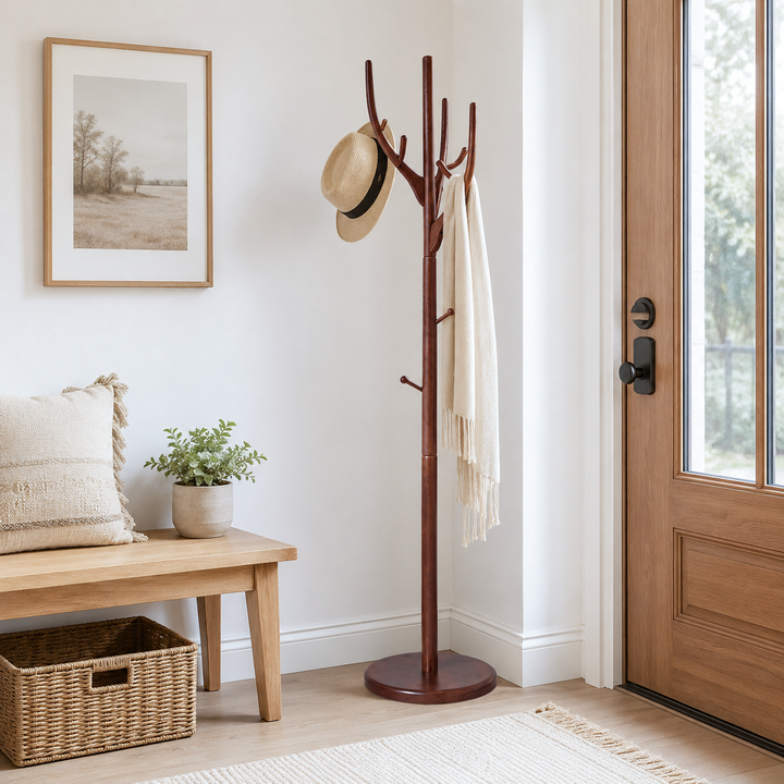 Traditional Solid Rubberwood Coat Rack Stand- Chinese Freestanding Wooden Hall Tree With 8 Hooks For Entryway & Bedroom