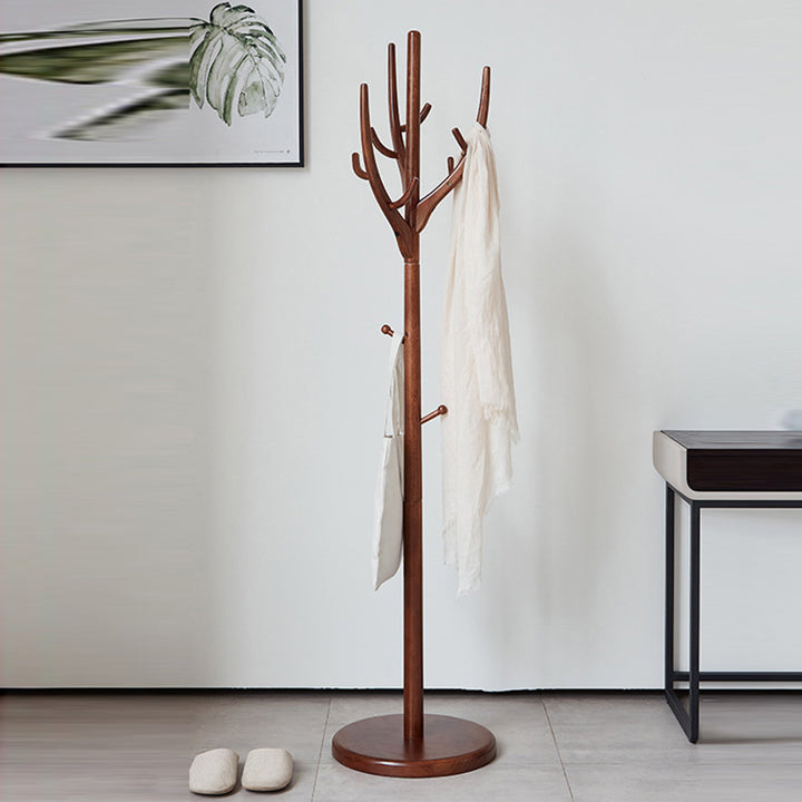 Traditional Solid Rubberwood Coat Rack Stand- Chinese Freestanding Wooden Hall Tree With 8 Hooks For Entryway & Bedroom