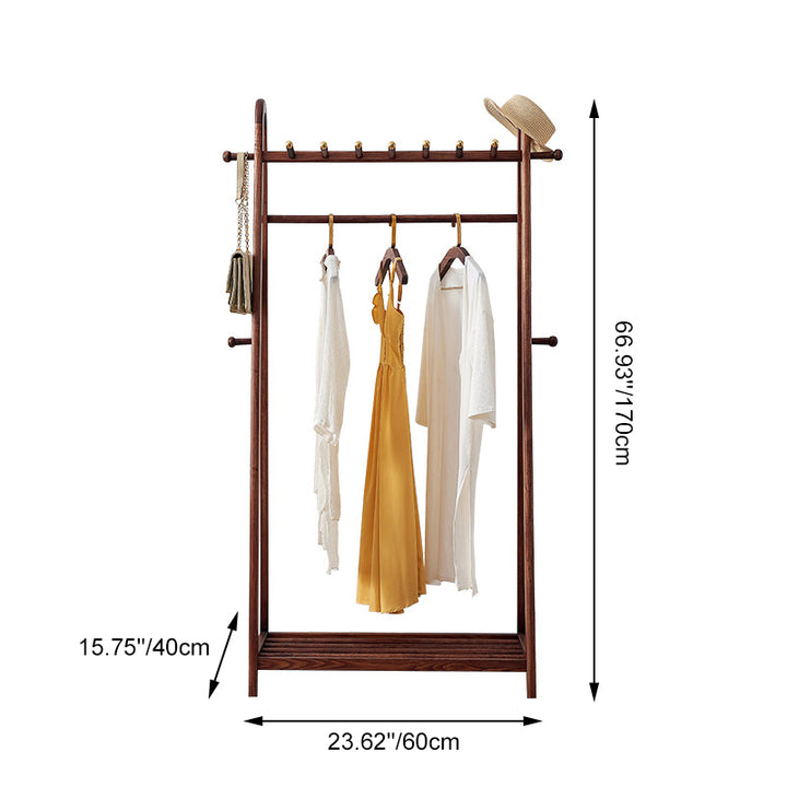Traditional Wooden Coat Rack Stand - Solid Ash Wood Hall Tree With Storage Shelf & Brass Hooks