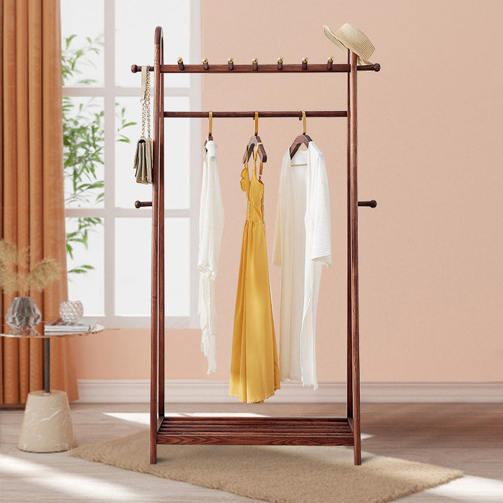 Traditional Wooden Coat Rack Stand - Solid Ash Wood Hall Tree With Storage Shelf & Brass Hooks