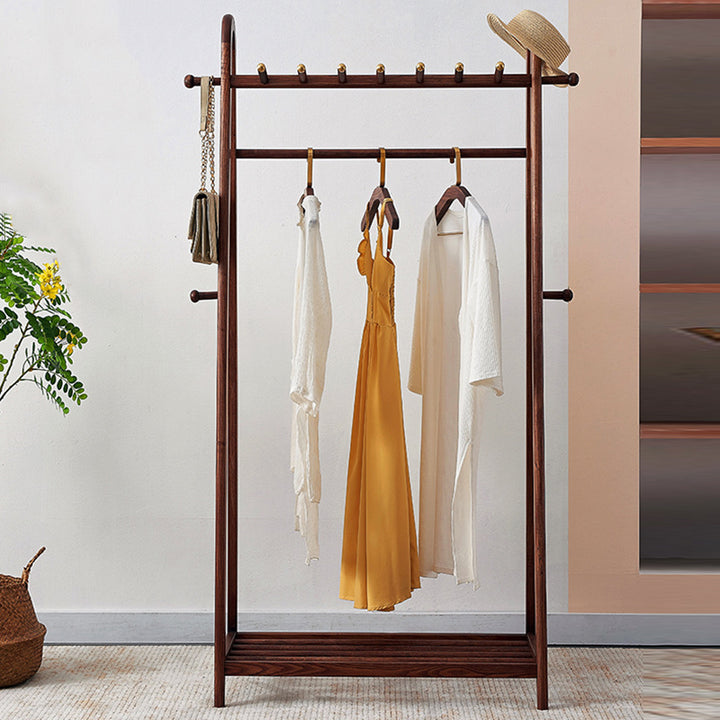 Traditional Wooden Coat Rack Stand - Solid Ash Wood Hall Tree With Storage Shelf & Brass Hooks